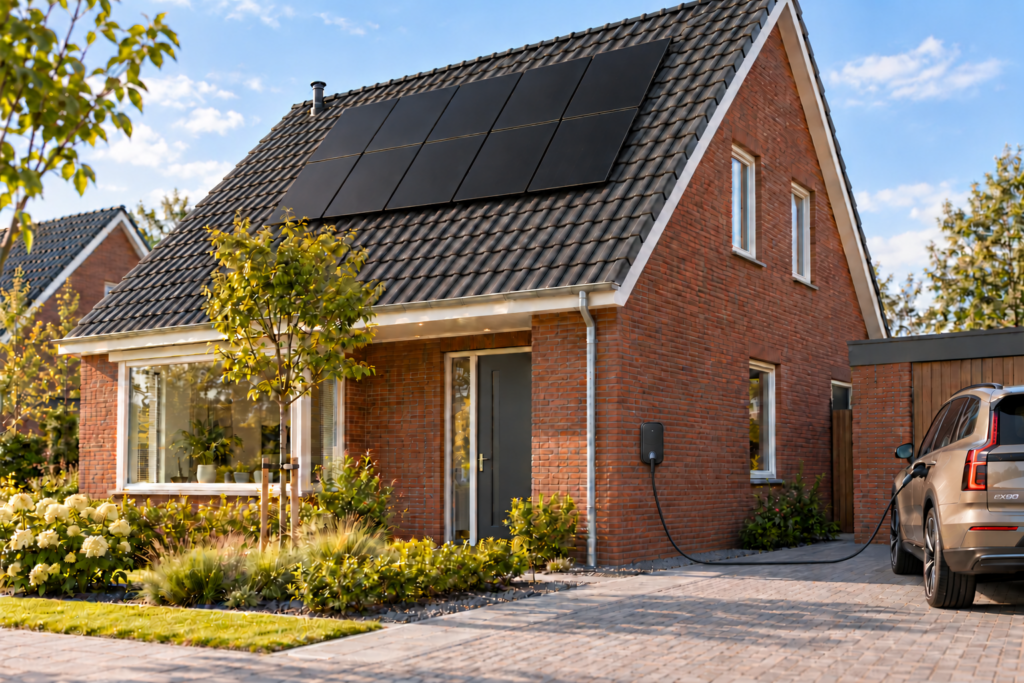 Sfeerbeeld van een woning met zonnepanelen en een goudkleurige Volvo EX90 verbonden met een laadpaal op de zijgevel